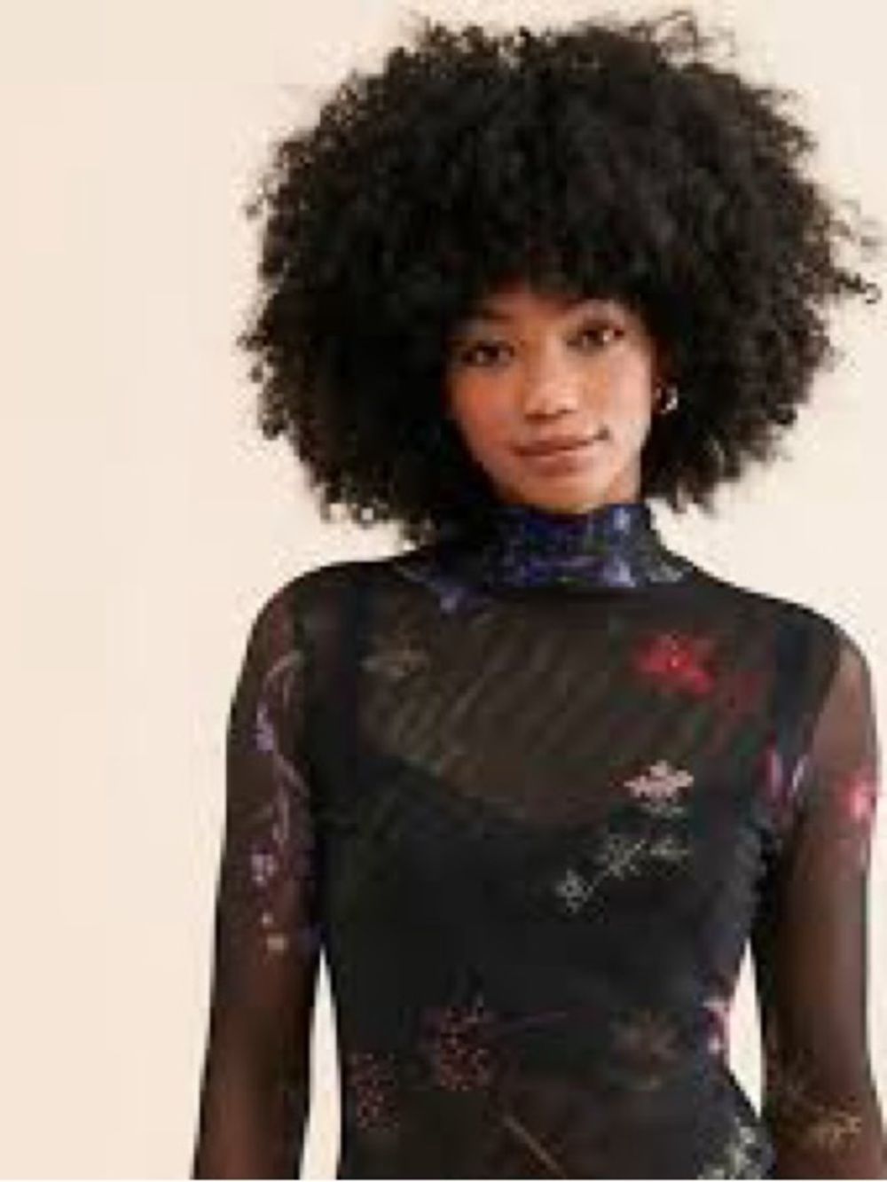 Especia Colza Sheer Black Floral Mesh Mock Neck Top